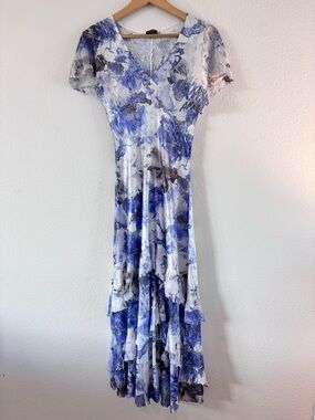 Komarov Dress Floral Tiered Charmeuse Chiffon Flutter Sleeve V-Neck Ruffle Small